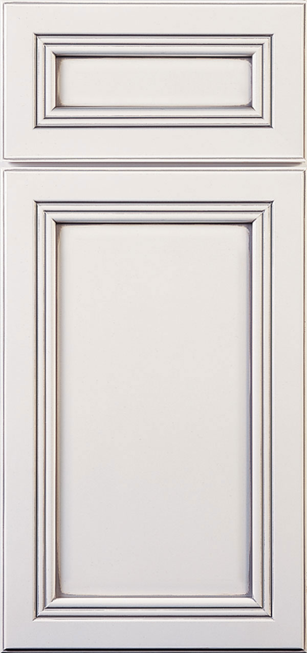 Delray door style in maple with pearl finish and pewter glaze