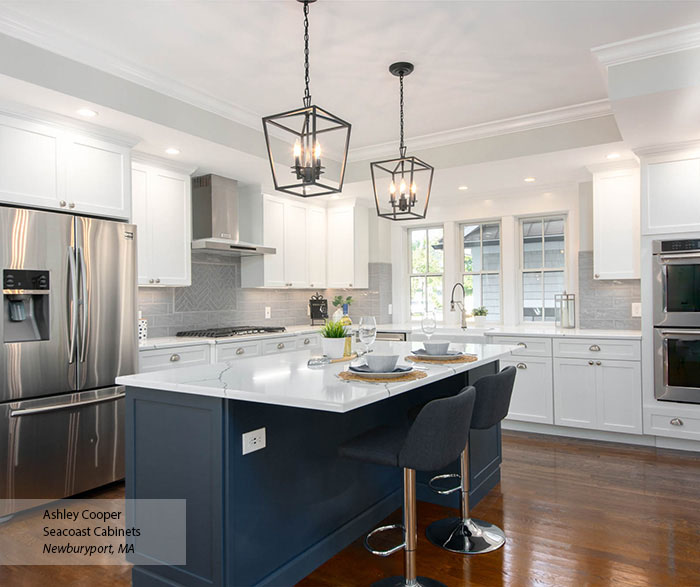 elegant white kitchen cabinets with dark island